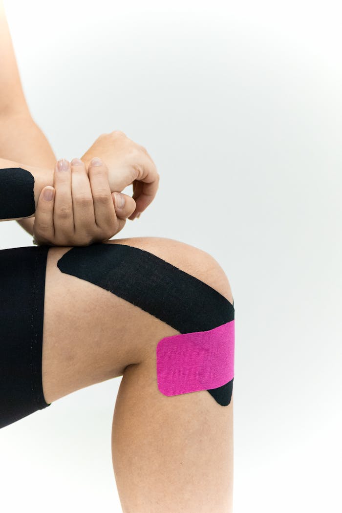 Detail of a knee with kinesio tape for treatment on a plain white background, illustrating medical care.